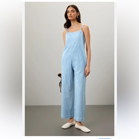 APC light Blue Denim Wide Leg Square Neck Tie Back Jumpsuit sz 42. XL - Picture 2 of 16